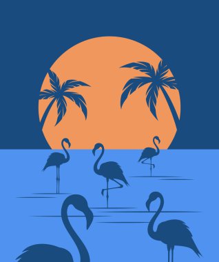 Günbatımı arka planında suda flamingo siluetleri. Düz vektör illüstrasyonu