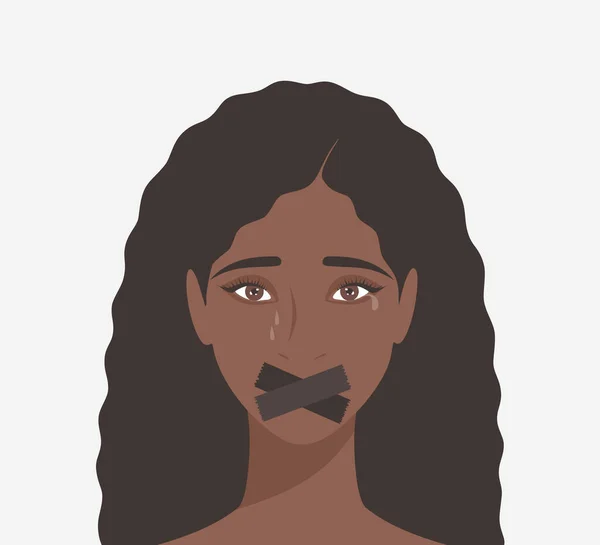 Плачущая Черная Женщина Заклеенным Ртом Плоская Векторная Иллюстрация — стоковый вектор