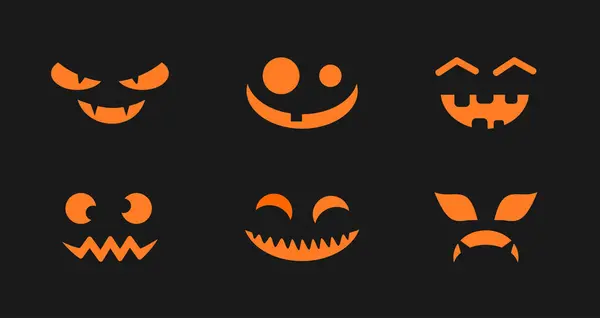 Коллекция Резных Тыквенных Лиц Хэллоуин Страшные Смешные Оранжевые Лица Черном — стоковый вектор