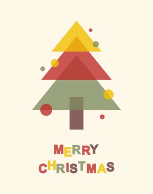 Noel tebrik kartı. Süslemeli ve mutlu noeller mesajlı çok renkli Noel ağacı. Risograph biçiminde düz vektör illüstrasyonu
