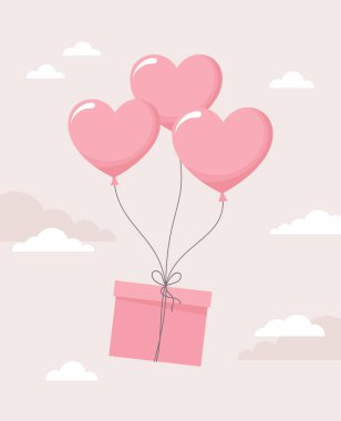 Bej renkli bulutlu arka planda uçan kalp balonlarına bağlı bir hediye kutusu. Düz vektör illüstrasyonu