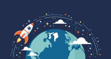 Uzayda Dünya 'nın etrafında uçan roket, düz vektör çizimi