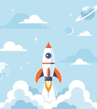 Arka planda mavi bulutlu gökyüzü olan roket fırlatması, düz vektör illüstrasyonu
