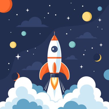 Arkasında gezegenler ve yıldızlar olan bir roket uzaya fırlatıldı. Düz biçimli vektör illüstrasyonu