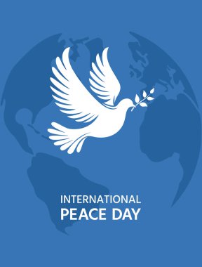 Uluslararası Barış Günü kartpostalı. Dünya 'nın arka planında gagasında bir zeytin dalı olan bir güvercin, düz vektör çizimi.