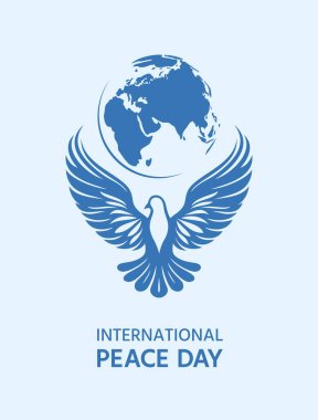 Uluslararası Barış Günü kartpostalı. Uzamış kanatları ve üzerinde bir Dünya küresi olan mavi bir güvercin, vektör çizimi.