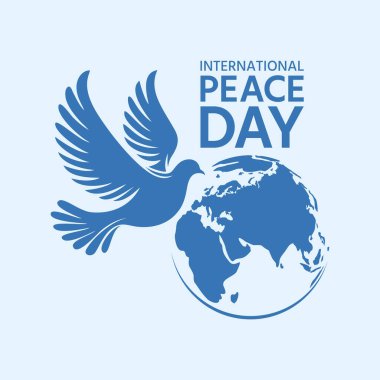 Uluslararası Barış Günü kartı. Barış güvercini ve Dünya küresi pastel mavi bir zemin üzerinde, düz vektör çizimi
