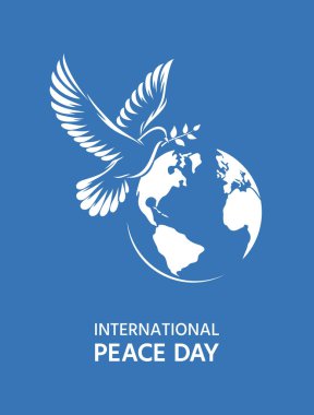 Uluslararası Barış Günü kartpostalı. Gagasında zeytin dalı olan bir güvercin ve mavi arka planda Dünya küresi, vektör illüstrasyonu
