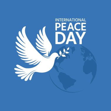 Uluslararası Barış Günü kartı. Dünya 'nın arka planında gagasında bir zeytin dalı olan bir güvercin, düz vektör çizimi.