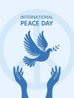 Uluslararası Barış Günü. Barış güvercini ve barış sembolü vektör illüstrasyonunun arka planında el kaldırma