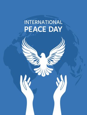 Uluslararası Barış Günü. Dünya küresinin arka planında barış güvercini ve el kaldırma, vektör illüstrasyon