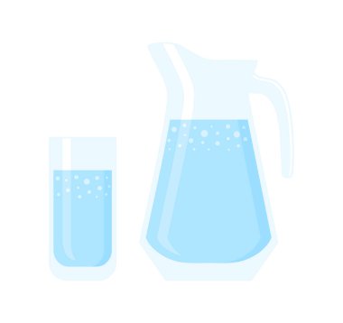 Beyaz arka planda izole edilmiş sürahi ve bardak su. Düz vektör illüstrasyonu