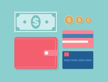 Para hazır. Kırmızı cüzdan, dolar, bozuk para ve yeşil arka planda kredi kartları. Düz vektör illüstrasyonu