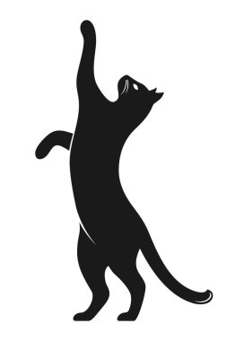 Siyah bir kedi silueti arka ayaklarının üzerinde duruyor ve uzanıyor. Vektör illüstrasyonu