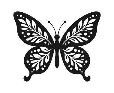 Kelebeğin siyah bir silueti. Kanatlarında yapraklar ve daireler var. Beyaz bir arka planda izole edilmiş. Vektör illüstrasyonu