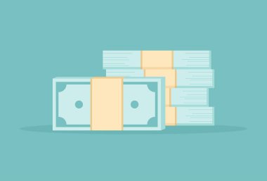 Stacks of paper banknotes on a green background. Flat vector illustration clipart