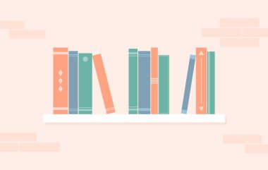 Duvarında kitaplar olan beyaz bir raf. Düz vektör illüstrasyonu