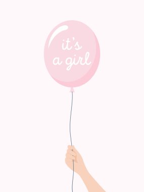 El yazısıyla yazılmış pembe bir balonu tutan bir el soluk pembe arka planda bir kız. Düz vektör illüstrasyonu