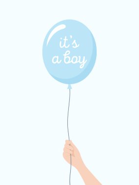 El yazısıyla yazılmış mavi bir balonu tutan bir el soluk mavi arka planda bir erkek çocuğu. Düz vektör illüstrasyonu