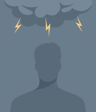 Kafasında fırtına bulutu ve şimşek olan bir erkek silueti. Akıl sağlığı konsepti. Düz vektör illüstrasyonu