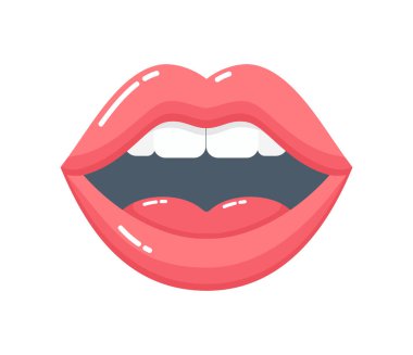 Beyaz arka planda izole edilmiş, açık konuşan ya da şarkı söyleyen bir ağız. Düz vektör illüstrasyonu
