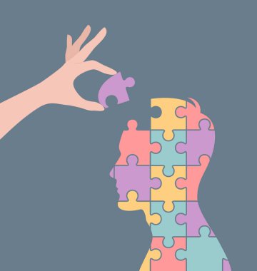 Side silhouette of a man made of multi-colored puzzles, and a hand adding a missing puzzle piece. Flat vector illustration clipart