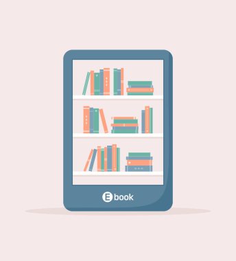 Ekranında kitap rafları olan bir e-kitap okuyucusu. Düz vektör illüstrasyonu
