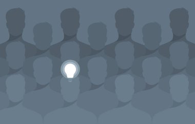 Kalabalık bir kalabalık ve birinin üzerinde bir ampul yanıyor. Düz vektör illüstrasyonu