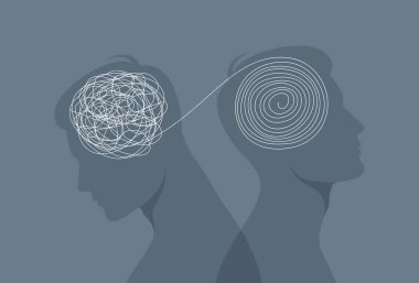 Erkek siluetleri, kafalarında birbirine dolanmış ve çözülmemiş toplarla sırt sırta. Düz vektör illüstrasyonu