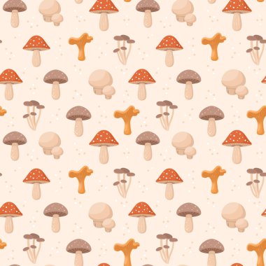 Bej arka planda orman mantarları olan kusursuz bir desen. Düz vektör illüstrasyonu