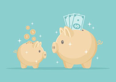 Bozuk paralarla dolu küçük altın bir kumbara ve faturalarla dolu büyük bir kumbara. Düz vektör illüstrasyonu