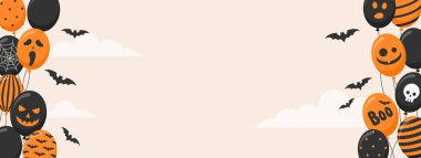 Siyah ve turuncu balon çerçeveli Cadılar Bayramı afişi ve bej arka planda yarasalar, kopyalama alanı. Düz vektör illüstrasyonu