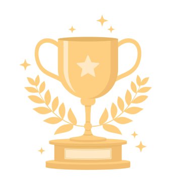 Altın kupa, defne çelengi ile süslenmiş, beyaz arka planda izole edilmiş. Düz vektör illüstrasyonu