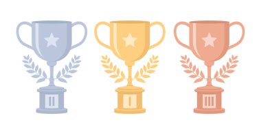 Altın, gümüş ve bronz kupalar defne çelenkleriyle süslenmiş, beyaz arka planda izole edilmiş. Düz vektör illüstrasyonu