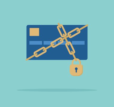 Kredi kartı bloke edilmiş. Kartında asma kilit olan bir zincir. Düz vektör illüstrasyonu