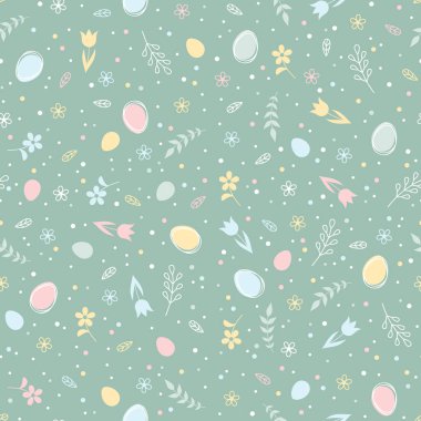 Renkli çiçekli paskalya deseni, yeşil arka planda paskalya yumurtası ve dalları. Vektör illüstrasyonu