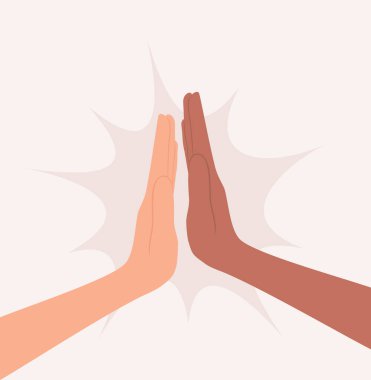 Farklı milletlerden ve ten renginden iki kişi beşlik çakıyor. Düz vektör illüstrasyonu