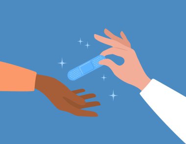 İki el. Doktor hastaya sıva yapıyor. Düz vektör illüstrasyonu