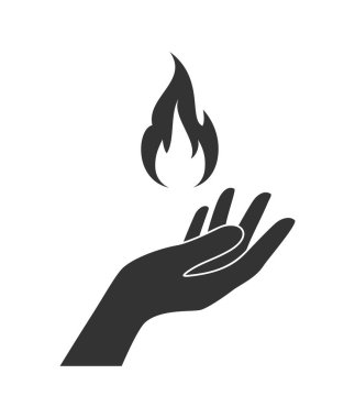 Avuç içinin üzerinde alevi tutan siyah bir el silueti, beyaz arka plan. Vektör illüstrasyonu