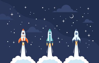 Yıldızlı evrene üç uzay roketi fırlatılıyor. Düz vektör illüstrasyonu