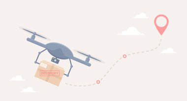 Kutulu ve kesik çizgili İHA lokasyon simgesine gidiyor. Hava aracı teslimatı. Düz vektör illüstrasyonu