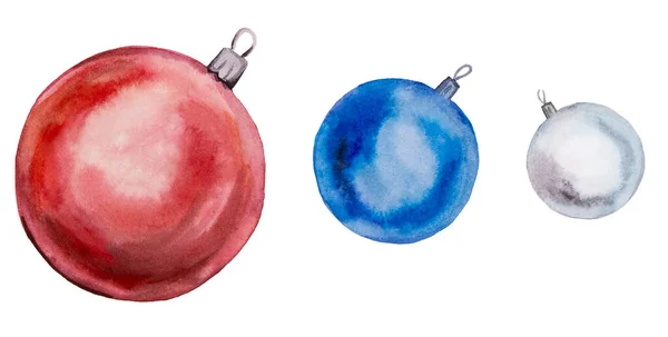 Boże Narodzenie Czerwony Niebieski Biały Bombki Odizolowane Ilustracja Akwarela Element — Zdjęcie stockowe