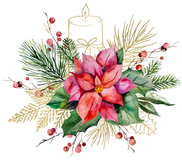 Aquarela Natal Ilustração Dourada Com Flor Poinsettia Ramos Abeto Bagas — Fotografia de Stock