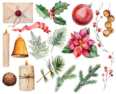 Suluboya renkli Noel klibi, mücevherler, çanlar, mumlar, köknar dalları, zarf, kutsal böğürtlen yaprakları ve böğürtlenli dallar. Bayram tebrik kartları ve kış davetiyeleri için öğeler