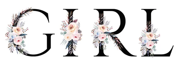 Wortmädchen Schwarze Buchstaben Mit Pastellfarbenen Blüten Und Blättern Winterliche Babyduschparty — Stockfoto