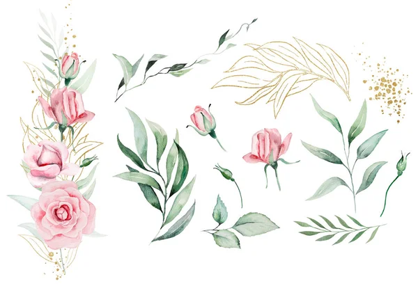 Романтический Букет Рамка Светло Розовых Цветов Акварели Зеленые Листья Иллюстрация — стоковое фото
