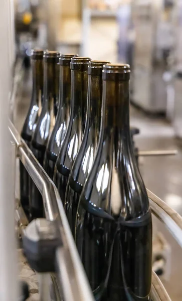 Botol Kaca Gelap Diisi Dengan Anggur Oleh Mesin Pembotolan Industri — Stok Foto