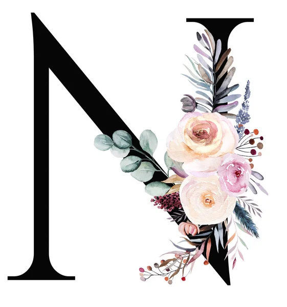 Black Letter Nwith Pastel Watercolor Winter Bouquet Isolated White Winter — Stock Photo, Image
