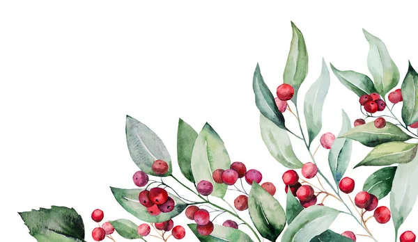Χριστουγεννιάτικο Πολύχρωμο Κλαδί Νερομπογιάς Πράσινα Φύλλα Και Κόκκινα Μούρα Στα — Φωτογραφία Αρχείου