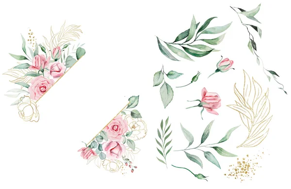 Romantyczna Ramka Wykonana Jasnoróżowych Kwiatów Akwareli Zielonych Liści Ilustracji Izolowane — Zdjęcie stockowe